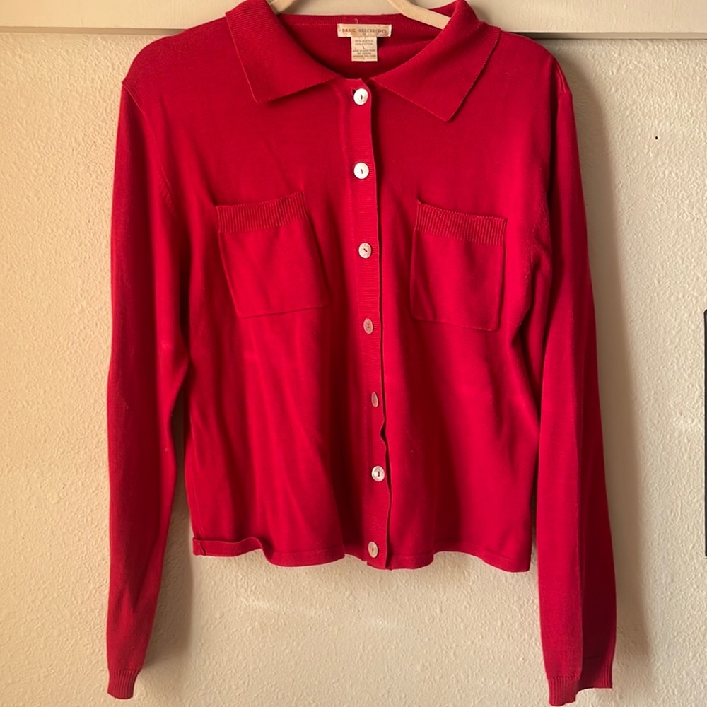 Vintage Basic Necessities Red Knit Long Sleeve Bu… - image 1